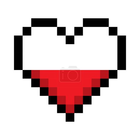 Téléchargez les illustrations : Icône de ligne de coeur rouge à moitié remplie. Emoji, Saint Valentin, relations, amour, vie, santé, jeu, traitement, applications, pixel style icône multicolore sur fond blanc - en licence libre de droit