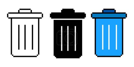 Téléchargez les illustrations : Ensemble d'icône de ligne de poubelle. Recyclage, mise en décharge, nettoyage, récipient, écologie, propreté, saleté, style pixel icône multicolore sur fond blanc - en licence libre de droit