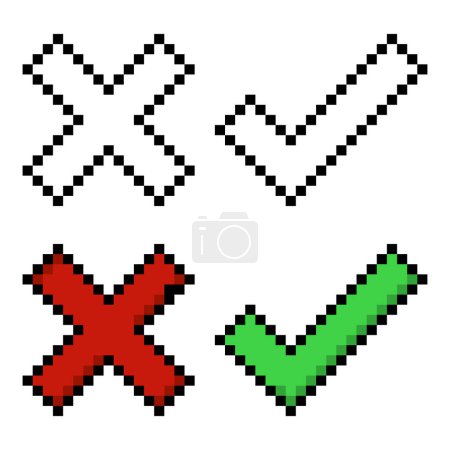 Illustration for Set of cross and check mark line icon. Choice, vote, confirm, cancel, test, poll, decision, option, alternative, pixel style Multicolored icon on white background - Royalty Free Image