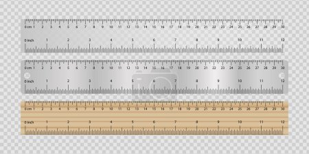 Illustration for Set of rulers on transparent background illustration. Centimeter, school, measurement, line, drawing, mathematics, geometry, meter compass length Vector icons - Royalty Free Image