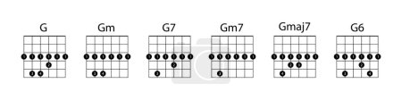 Illustration for Set of chords G illustration. Guitar, notes, music, string, song, treble clef, consonance, notation melody school musician barre Vector icons - Royalty Free Image