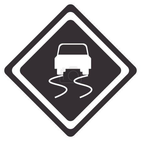 Illustration for Black and white sign slippery road illustration. Danger, warning, traffic rules, car, ice, cold, sleet, accident road Vector icons - Royalty Free Image