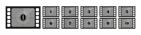 Illustration for Set of movie frames from 0 to 10 illustration. Film, footage, filming, preparation, editing, film, cinema, director Vector icons - Royalty Free Image