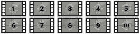 Illustration for Set of movie frames from 1 to 10 illustration. Film, footage, filming, preparation, editing, film, cinema, director Vector icons - Royalty Free Image