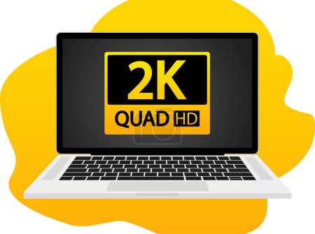Ilustración de Ordenador portátil con 2k QUAD HD en la ilustración de la pantalla. Calidad, resolución, monitor, TV, cine, teléfono, pantalla, diagonal, píxel. Iconos vectoriales - Imagen libre de derechos
