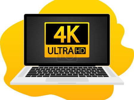 Ilustración de Ordenador portátil con 4K ULTRA HD en la ilustración de la pantalla. Calidad, resolución, monitor, TV, cine, teléfono, pantalla, diagonal, píxel. Iconos vectoriales - Imagen libre de derechos