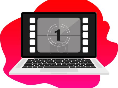 Illustration for Laptop with frame counts with number 1 on red background illustration. Film, footage, filming, preparation, editing, film, cinema, director. Vector icons - Royalty Free Image