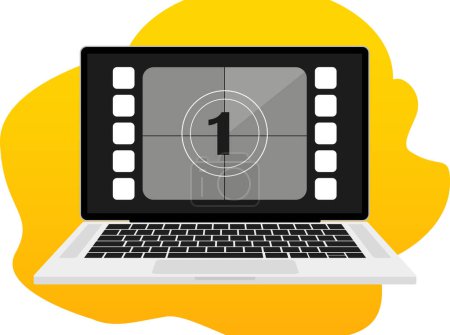 Illustration for Laptop with frame counts with number 1 on yellow background illustration. Film, footage, filming, preparation, editing, film, cinema, director. Vector icons - Royalty Free Image