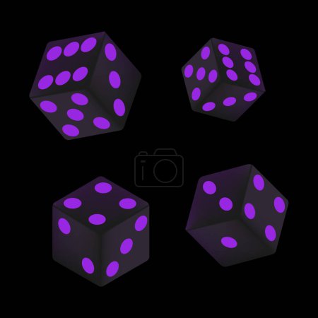 Ilustración de Conjunto de dados realistas con ilustración de puntos púrpura. Casino, emoción, juegos de azar, cartas, suerte, ganar, apostar iconos de vectores - Imagen libre de derechos
