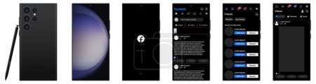 Illustration for Facebook design in Samsung galaxy s23 ultra. Set Facebook screen social media and social network interface template. Homepage, Stories, liked, stream. Editorial. illustration. - Royalty Free Image