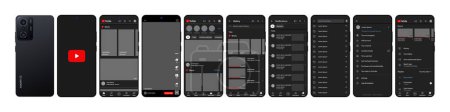 Illustration for YouTube mobile interface in Xiaomi Redmi11T. You Tube screen social media, video hosting interface template. Homepage, logo, recommendations, subscription, profile. Dark theme. Editorial. illustration - Royalty Free Image