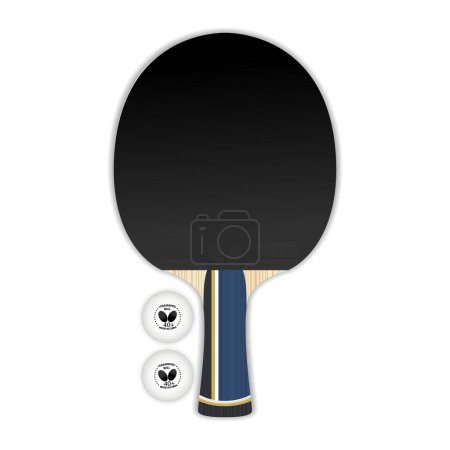 Illustration for Realistic tennis racket. Rackets for table tennis. Ping pong. Butterfly Company Dignics 05 . Professional sports equipment. ITTF. Black overlay, rubber. Protective side. Training ball. - Royalty Free Image