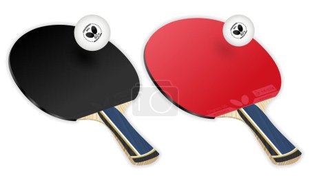 Illustration for Realistic tennis racket. Rackets for table tennis. Ping pong. Butterfly Company Dignics 05 . Professional sports equipment. ITTF. Black red lining, rubber. Defensive and attacking side. Training ball. - Royalty Free Image