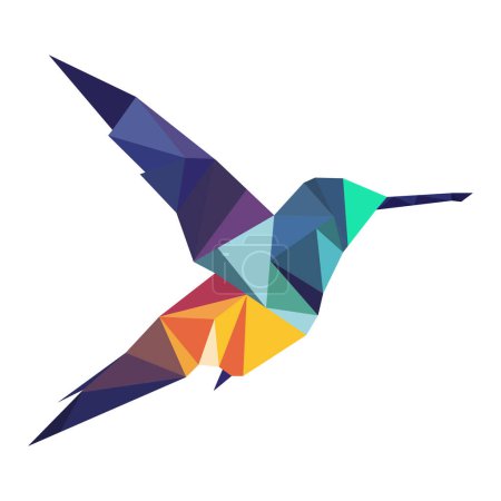 Téléchargez les illustrations : Logo d'oiseau polygonal. Mosaïque de triangles. Logotype colibri. Oiseau avec ailes, plumes et bec isolés sur fond blanc. - en licence libre de droit