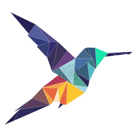 Téléchargez les illustrations : Logo d'oiseau polygonal. Mosaïque de triangles. Logotype colibri. Oiseau avec ailes, plumes et bec isolés sur fond blanc. - en licence libre de droit