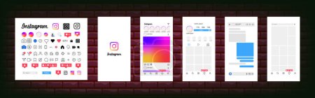 Ilustración de Instagram design. Set instagram screen social media and social network interface template. Instagram photo frame. Stories, liked, stream. Editorial vector. - Imagen libre de derechos