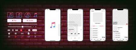 Illustration for Apple music mockup. Music app. Application template on Iphone mockup. Subscription music player. Profile, Song, Album, Playlist. Pause, note, search, play and shuffle buttons Editorial - Royalty Free Image