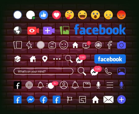 Ilustración de Facebook button icon. Set screen social media and social network interface template. Stories user button, symbol, sign logo. Stories, liked, stream. Editorial - Imagen libre de derechos