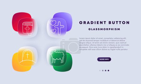 Illustration for Christianity set line icon. Sermon, flock, heart, halo, bible, cross, angel, tombstone. Glassmorphism style. Vector icon - Royalty Free Image