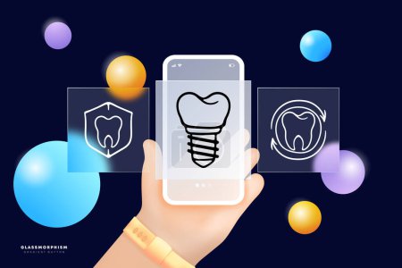 Photo for Dentist set line icon. Filling, teeth, caries, toothpaste and brush, crown, jaw, enamel. Glassmorphism. UI phone app screens. Vector icon - Royalty Free Image