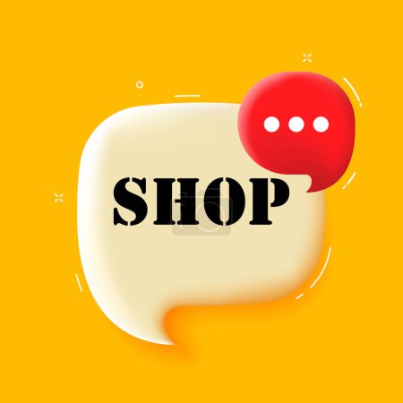 Illustration for Shop. Speech bubble with Shop text. 3d illustration. Pop art style. Vector icon for Business and Advertising - Royalty Free Image