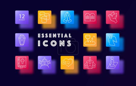 Illustration for Christianity set line icon. Sermon, Easter, Easter cake, coffin, communion, bread, wine, tombstone. Glassmorphism style. Vector icon for business and advertising - Royalty Free Image