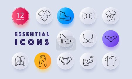 Illustration for Clothes set line icon. Dress, sundress, robe, jeans, heels, overalls, shoes, socks, shirt, underwear, bra, shoes. Neomorphism style. Vector icon for business and advertising - Royalty Free Image