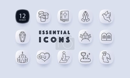 Illustration for Christianity set line icon. Sermon, bread, wine, tombstone, Easter, Easter cake, coffin, communion. Neomorphism style. Vector icon for business and advertising - Royalty Free Image