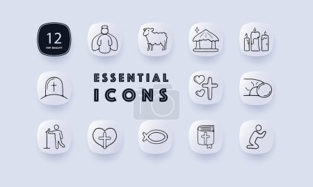Illustration for Christianity set line icon. Sermon, soul, communion, bible, flock, religion, bread, wine, tombstone. Neomorphism style. Vector icon for business and advertising - Royalty Free Image