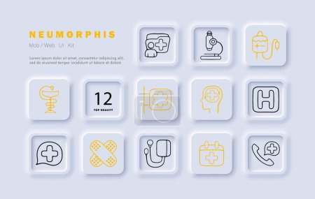 Illustration for Medicine set line icon. Doctor, hospital, science, treatment, medicine, injection, disease, nurse, help, ambulance, surgeon. Neomorphism style. Vector icon for business and advertising - Royalty Free Image