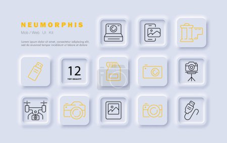Illustration for Camera set line icon. Flash, snapshot, lens, film, photo, lens, frame, tripod, landscape. Neomorphism style. Vector icon for business and advertising - Royalty Free Image