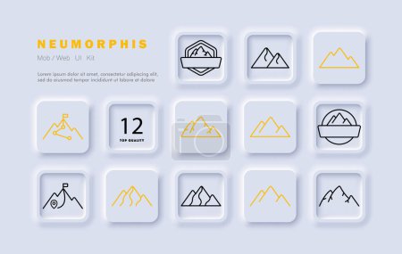 Illustration for Mountain set line icon. Travel, walking, Everest, snow, rock, kamenb, cliff, mountaineering. Neomorphism style. Vector icon for business and advertising - Royalty Free Image