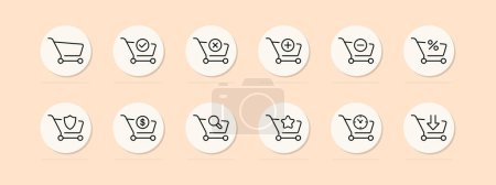 Illustration for Grocery cart set line icon. Tick, plus, minus, cross, asterisk, timer, dollar, shield. Pastel color background. Vector icon for business and advertising - Royalty Free Image