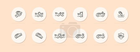 Illustration for Car set line icon. Accident, traffic rules, witness, dent, markings, insurance, victim. Pastel color background Vector icon for business and advertising - Royalty Free Image
