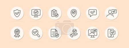 Illustration for Checkmark set line icon. Confirmation, verification, monitor, shield, computer, Internet, telephone. Pastel color background Vector icon for business and advertising - Royalty Free Image