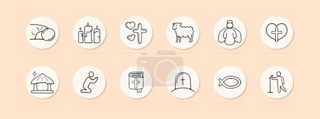 Illustration for Christianity set line icon. Sermon, soul, communion, bible, flock, religion, bread, wine, tombstone. Pastel color background Vector icon for business and advertising - Royalty Free Image