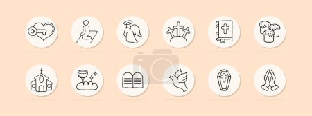 Illustration for Christianity set line icon. Sermon, heart, cross, angel, halo, bible, flock, tombstone. Pastel color background Vector icon for business and advertising - Royalty Free Image