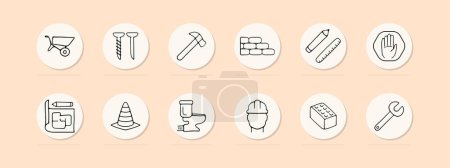 Illustration for Construction set line icon. Foreman, repair, building, brick, crane, house, helmet, work, scaffolding construction. Pastel color background Vector icon for business and advertising - Royalty Free Image