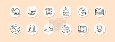 Islam establece el icono de línea. Religión, fe, Corán, mezquita, profeta, musulmanes, oración, Sharia. Fondo de color pastel Icono vectorial para negocios y publicidad