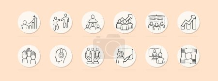 Illustration for Group work set line icon. Corporation, team, brainstorming, idea generation, training, advanced training. Pastel color background. Vector icon for business and advertising - Royalty Free Image
