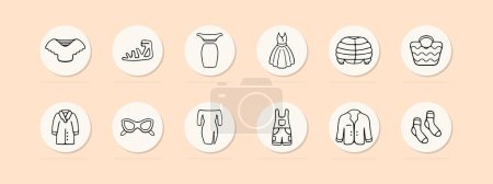 Illustration for Clothes set line icon. Dress, sundress, overalls, shoes, socks, shirt, underwear, bra, shoes. Pastel color background. Vector icon for business and advertising - Royalty Free Image