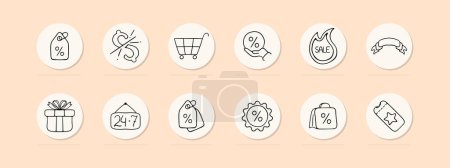 Illustration for Discounts set line icon. Gift, Black Friday, congratulations, sale, coupon, embroidery, credit, hot price. Pastel color background. Vector icon for business and advertising - Royalty Free Image