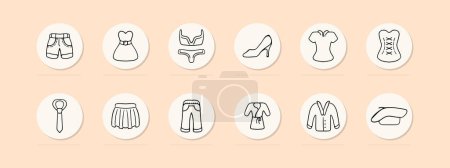 Illustration for Clothes set line icon. Dress, sundress, robe, jeans, heels, overalls, shoes, socks, shirt, underwear, bra, shoes. Pastel color background Vector icon for business and advertising - Royalty Free Image
