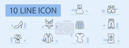 Illustration for Clothes set line icon. Dress, sundress, overalls, shoes, socks, shirt, underwear, bra, shoes. Pastel color background. Vector icon for business and advertising - Royalty Free Image