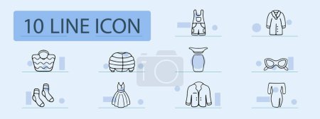 Illustration for Clothes set line icon. Dress, sundress, robe, jeans, heels, overalls, shoes, socks, shirt, underwear, bra, shoes. Pastel color background Vector icon for business and advertising - Royalty Free Image