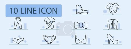 Illustration for Clothes set line icon. Dress, sundress, shoes, socks, robe, jeans, heels, overalls, shirt, underwear, bra, shoes. Pastel color background Vector icon for business and advertising - Royalty Free Image
