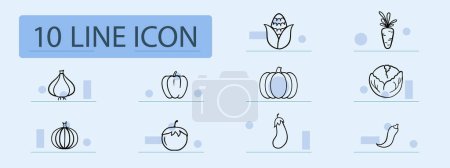 Illustration for Vegetables set line icon. Pumpkin, tomato, onion, cabbage, carrot, corn, chili pepper, onion. Pastel color background. Vector icon for business and advertising - Royalty Free Image