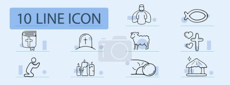 Illustration for Religion set line icon. Angel, halo, prayer, bread, communion, gazebo, bible, cross, heart, candles. Pastel color background. Vector icon for business and advertising - Royalty Free Image