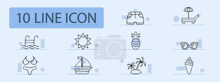 Illustration for Summer set line icon. Sun, shorts, swimming pool, sun lounger, umbrella, pineapple, glasses, ice cream. Pastel color background. Vector icon for business and advertising - Royalty Free Image