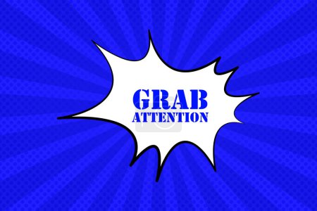 Illustration for Comic blue speech bubble with Grab attention text explosion line icon. Drawing, superhero, magazine, caricature, style. Vector line icon for business and advertising - Royalty Free Image